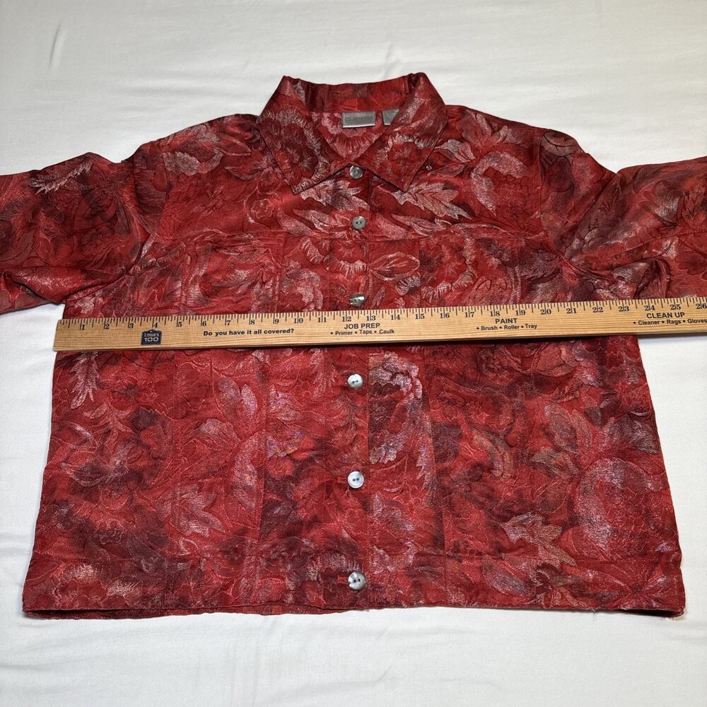 Chicos 3 Womens XL Jacket Silk Blend Blazer Red Metallic Floral Button Front EUC - Picture 4 of 14